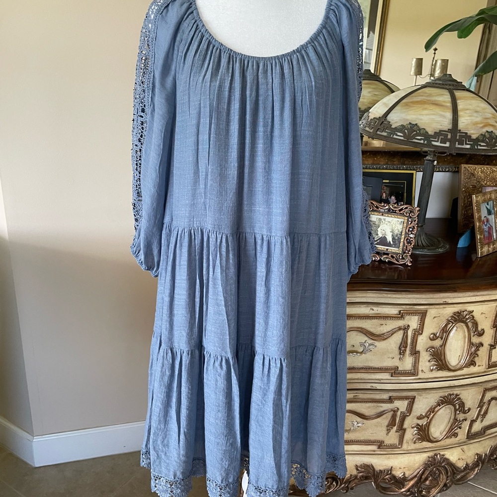 Blue Cotton Tiered Crochet Lace Lined Day Evening Loose Fit Dress 1X